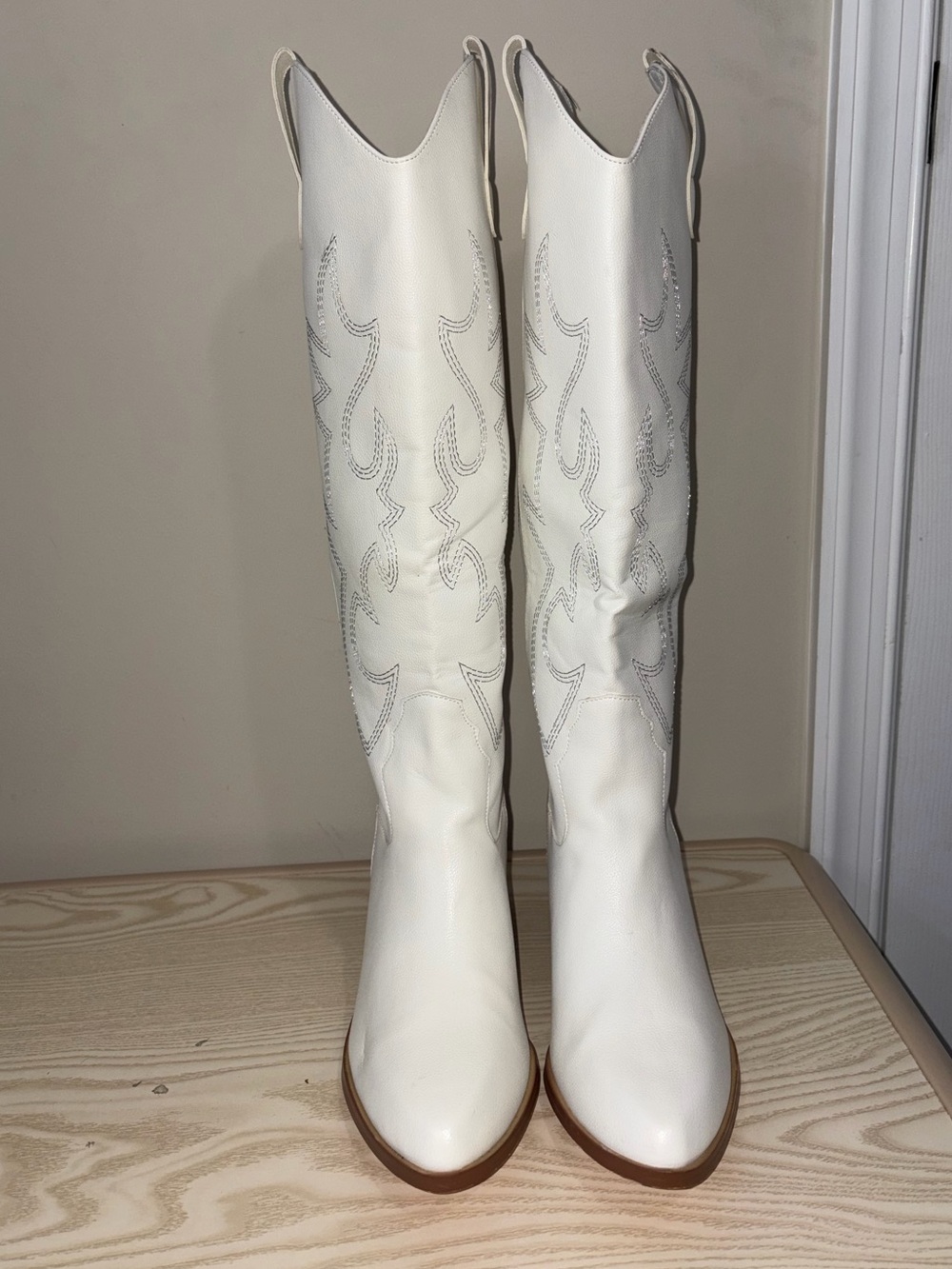 Women's White Over-the-Knee Western Boots with Stitch Detail